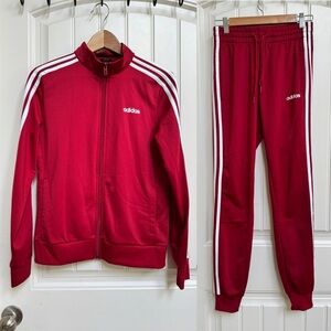 Adidas Essentials Red Three Strip Jacket and Slim Pants Track Suit. Size XS